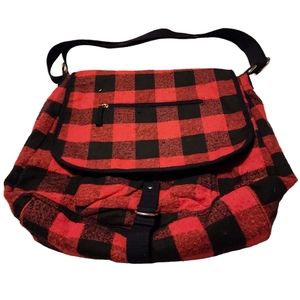 Red and black Buffalo check cross body messanger bag.